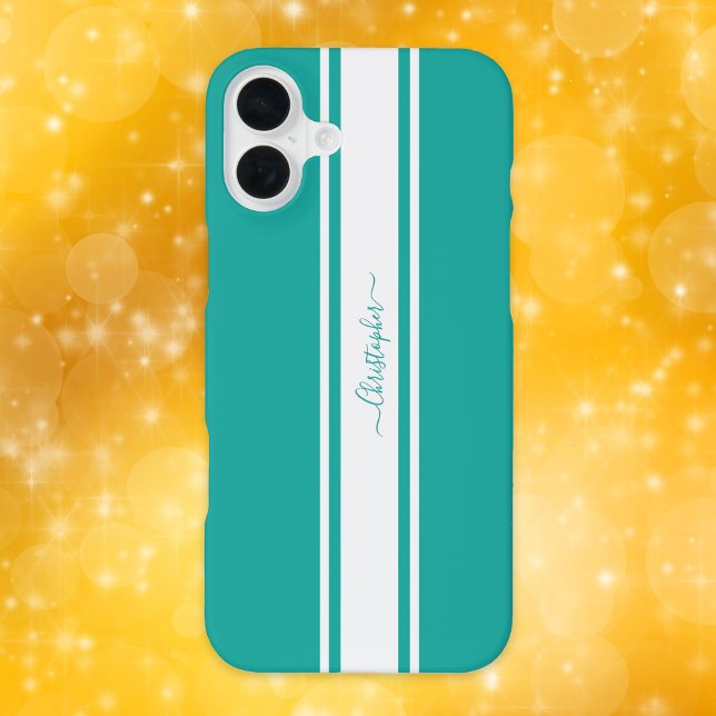 Coque iPhone Moderne Bandes de Course Blanc Sarcelle Monogramme (Modern Teal White Racing Stripes Monogrammed Chic iPhone Case)