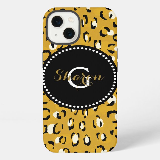 Coque iPhone Moderne chic imprimé guépard doré à monogramme (Verso)