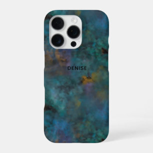 Coque iPhone 16 Pro Moderne Chic Vert Foncé Bleu Tie Dye Nom Personnal