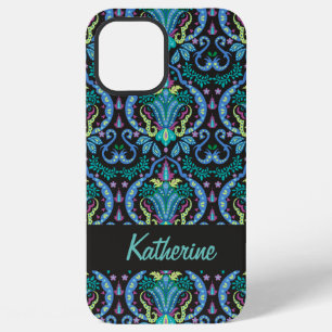 Coque iPhone 12 Pro Max Moderne Damask Art Déco Noir Turquoise Bleu Nom