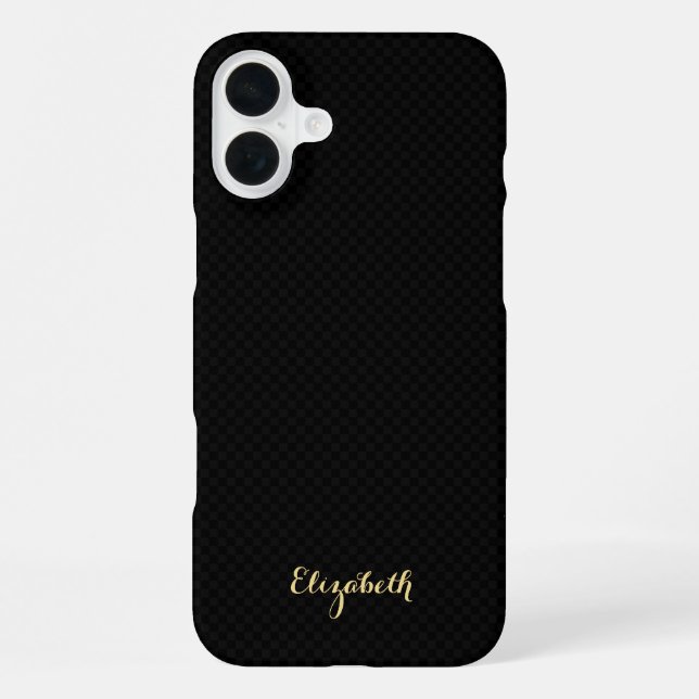 Coque iPhone Moderne Élégant Noir à Damier Monogrammé Or (Verso)
