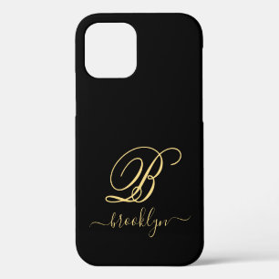Coque iPhone 12 Moderne Elegant Noir Or manuscrit Monogramme
