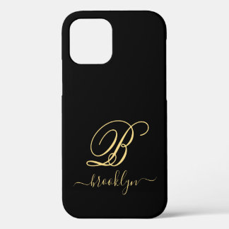 Coque iPhone 12 Moderne Elegant Noir Or manuscrit Monogramme