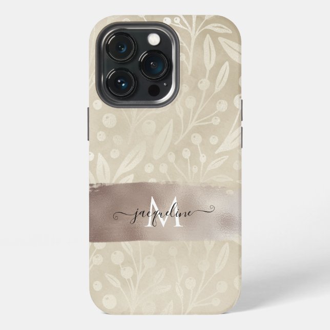 Coque iPhone Moderne Feuille Simple Nom en Bronze Doré Neutre (Dos)