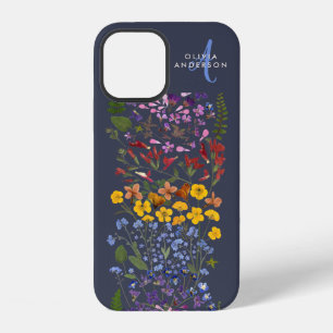 Coque iPhone 12 Moderne fille florale coloré initiale bleu marine
