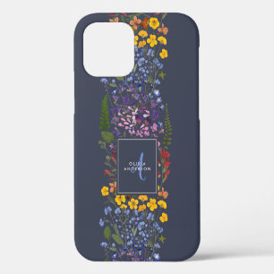 Coque iPhone 12 Moderne floral coloré initiale bleu marine féminin