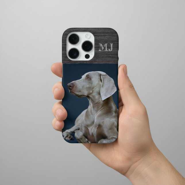 Coque iPhone Moderne Monogram 1 Photo Métal Brossé Gris (Créateur téléchargé)