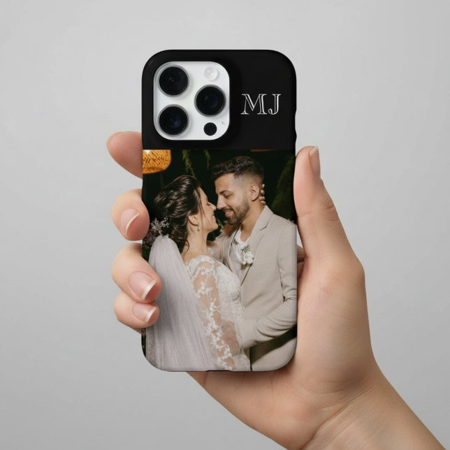 Coque iPhone Moderne Monogramme 1 Photo Noir de Minuit (Créateur téléchargé)