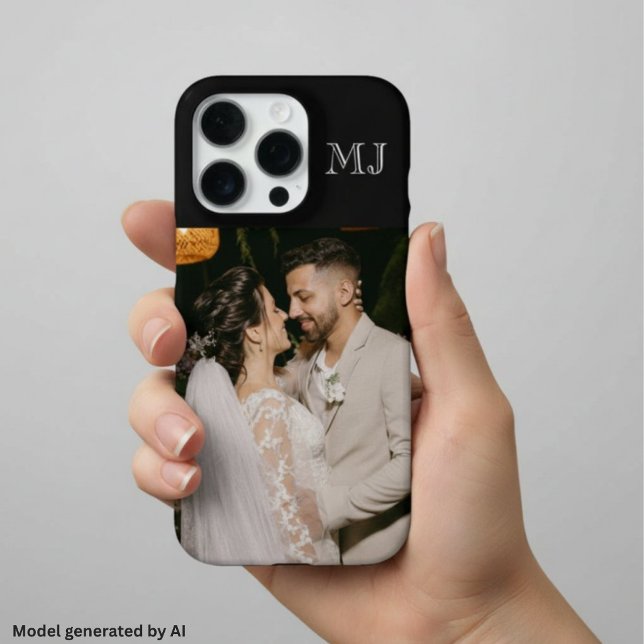 Coque iPhone Moderne Monogramme 1 Photo Noir de Minuit (Créateur téléchargé)