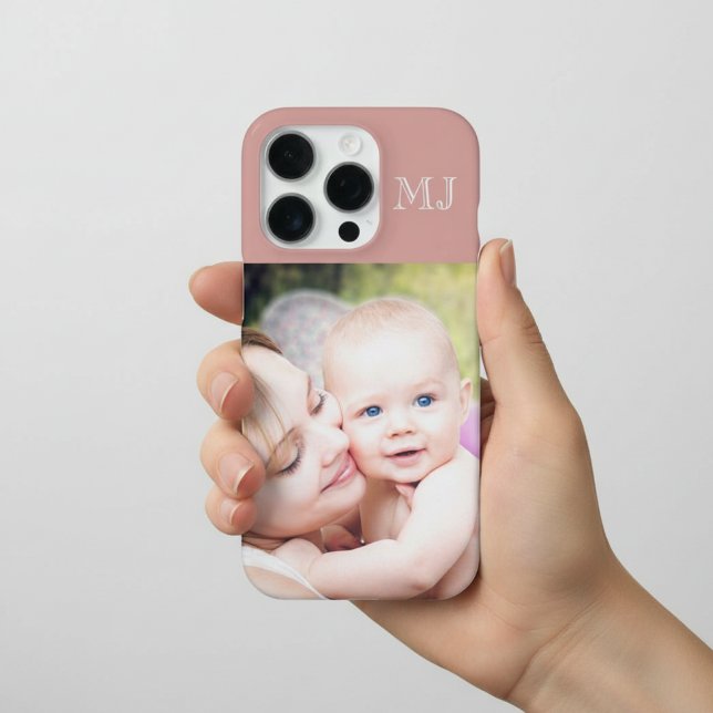 Coque iPhone Moderne Monogramme 1 Photo Rose Poussiéreuse (Créateur téléchargé)