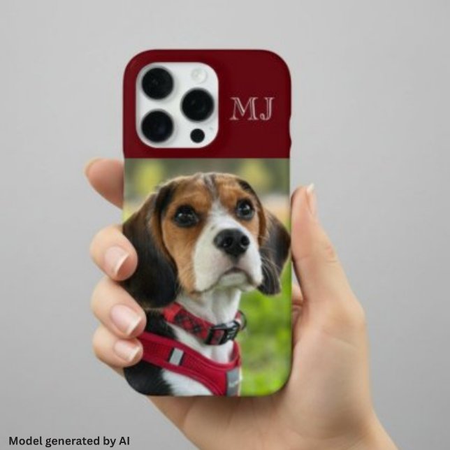 Coque iPhone Moderne Monogramme 1 Photo Rouge Bourgogne (Créateur téléchargé)