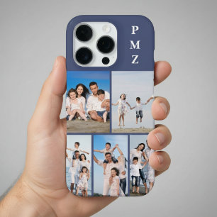 Coque iPhone 16 Pro Moderne Monogramme 5 Photo Collage Bleu Crépuscule