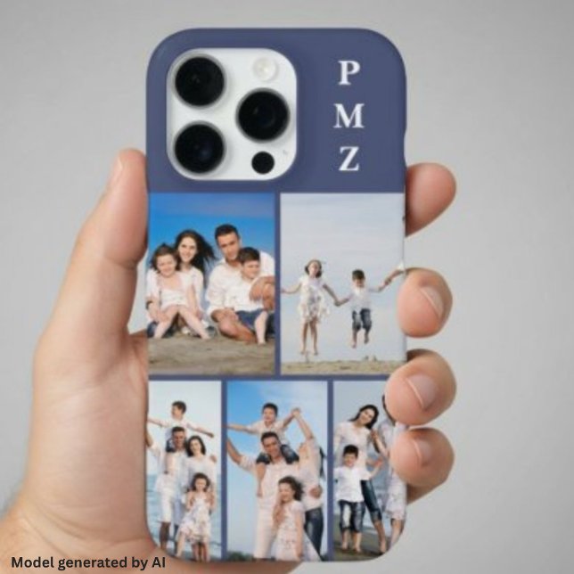 Coque iPhone Moderne Monogramme 5 Photo Collage Bleu Crépuscule (Créateur téléchargé)