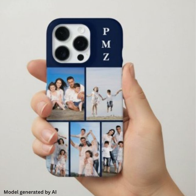 Coque iPhone Moderne Monogramme 5 Photo Collage Bleu Marine Fon (Créateur téléchargé)