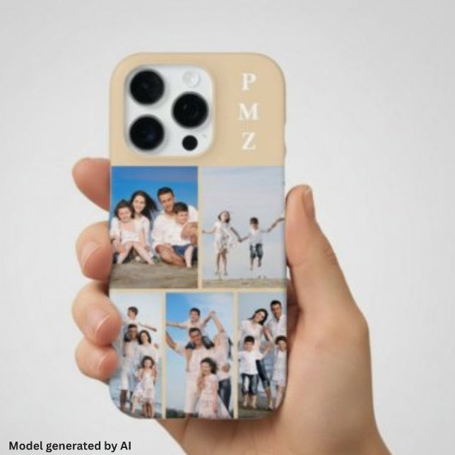 Coque iPhone Moderne Monogramme 5 Photos Collage Sable Crème Be (Créateur téléchargé)