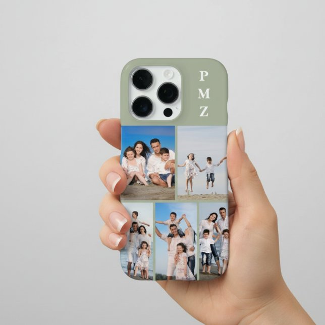 Coque iPhone Moderne Monogramme 5 Photos Collage Vert Sauge (Créateur téléchargé)