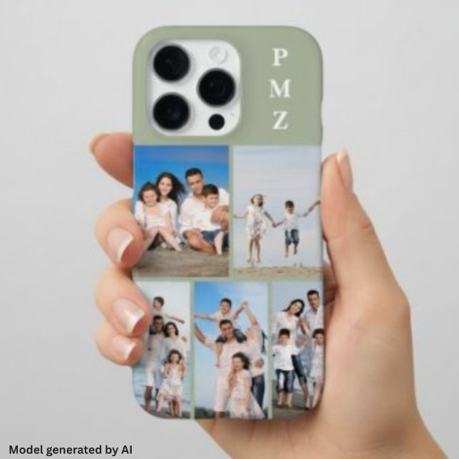 Coque iPhone Moderne Monogramme 5 Photos Collage Vert Sauge (Créateur téléchargé)
