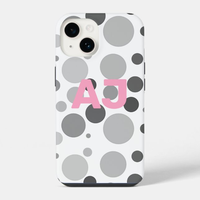 Coque iPhone Moderne Monogramme À pois Gris Rose (Verso)
