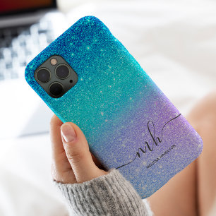 Etui iPhone 13 Pro Max Moderne monogramme chic violet ombré paillettes bl