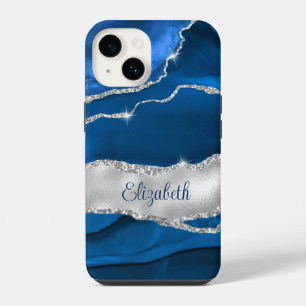 Coque Pour iPhone 14 Moderne Monogramme en Agate Bleu Royal et Argent