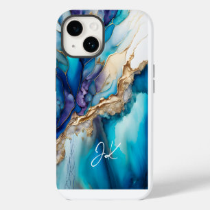Coque Pour iPhone 14 Moderne Monogramme Personnalisé Marbre Bleu Or
