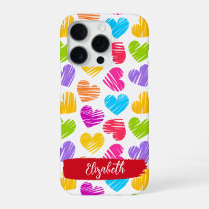 Coque iPhone 16 Pro Moderne Motif de Cœurs Doodlés Féminins et Vifs No