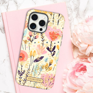 Coque iPhone 15 Pro Max Moderne Nom Personnalisé Paillettes Floral Rose Ch