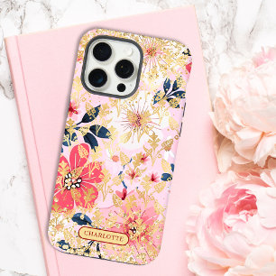 Coque iPhone 15 Pro Max Moderne Nom Personnalisé Paillettes Floral Rose Ch