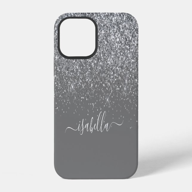 Coque iPhone Moderne paillettes d'argent Nom de script élégant (Verso)
