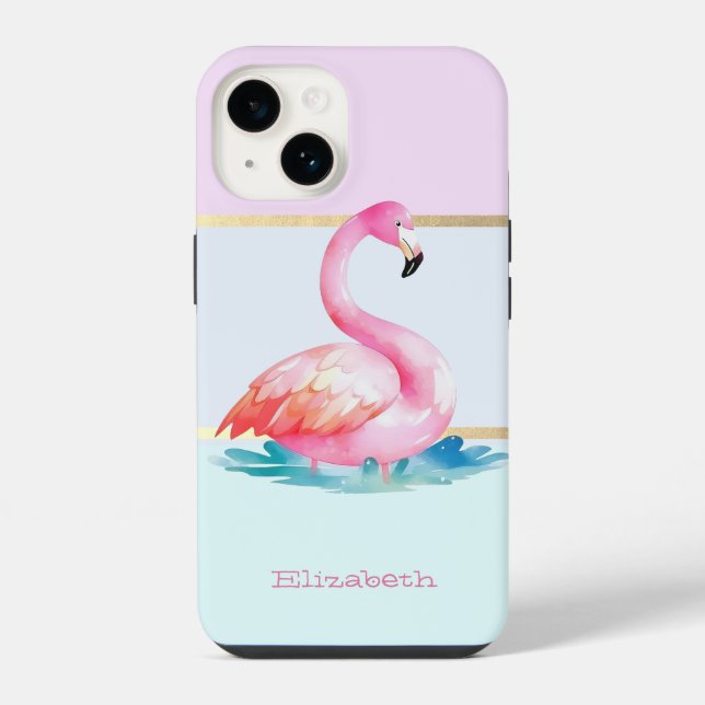 Coque iPhone Moderne Pastel rayé, Flamants roses roses (Verso)