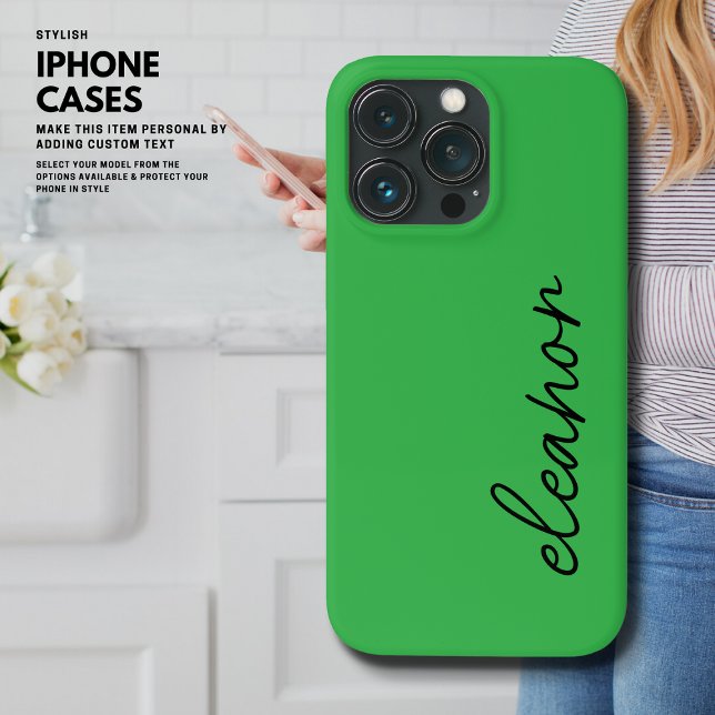 Coque iPhone Moderne simple brillant vert Nom du script Monogra (Créateur téléchargé)