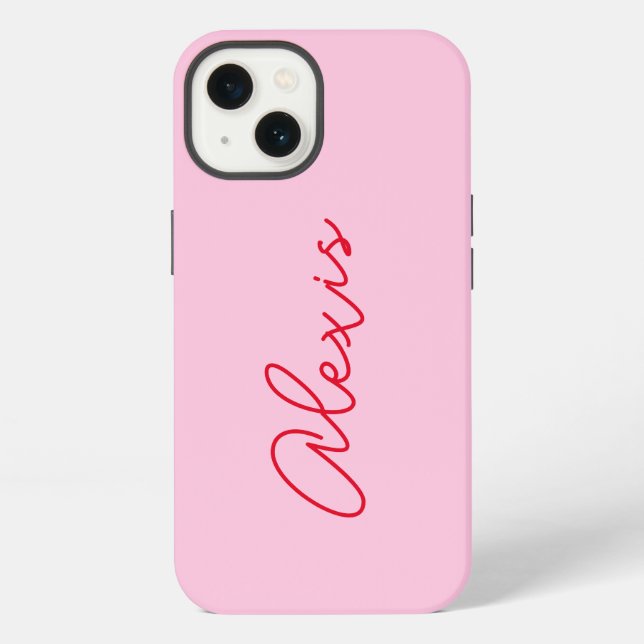 Coque iPhone Moderne simple rose et rouge Nom Script Monogramme (Verso)