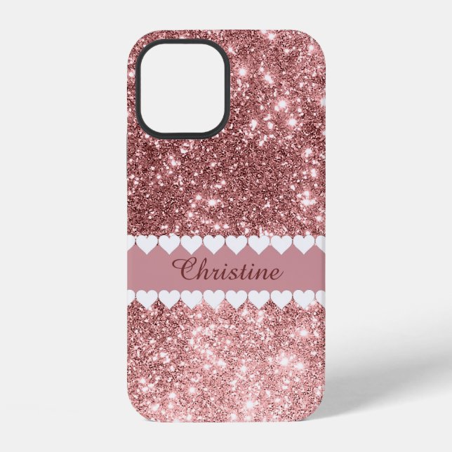 Coque iPhone Mon nom Coeurs blancs sur Or Rose (Verso)