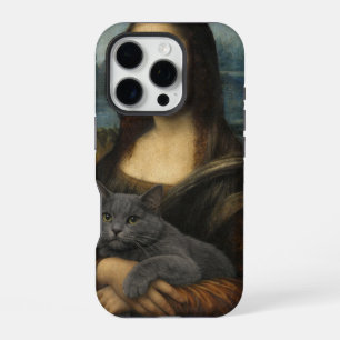 Coque iPhone 16 Pro Mona Lisa tenant un élégant chat gris             