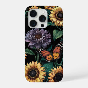 Coque iPhone 15 Pro Monarque et Tournesols, Jardin de papillons Sunshi