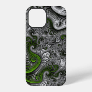 Coque iPhone 12 Pro Monde Fantastique Art Fractal Abstrait Vert Et Gri