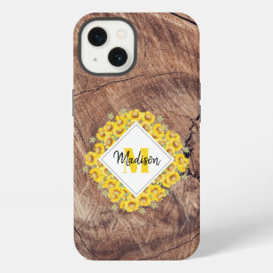 Etui iPhone 13 Monogram de Rustic Sunflowers & Wood Texture