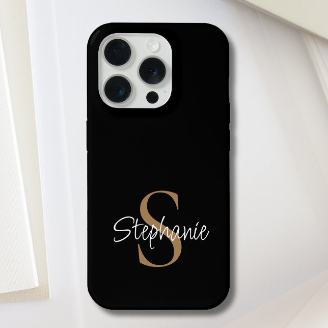 Coque iPhone Monogram Elegant Script Name Black Gold  (Créateur téléchargé)