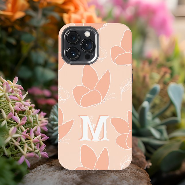 Coque iPhone Monogram M Moderne Motif Papillon Abricot Pêche (Créateur téléchargé)