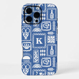 Coque iPhone 16 Pro Max Monogram Moderne Bleu Blanc Motif Abstrait