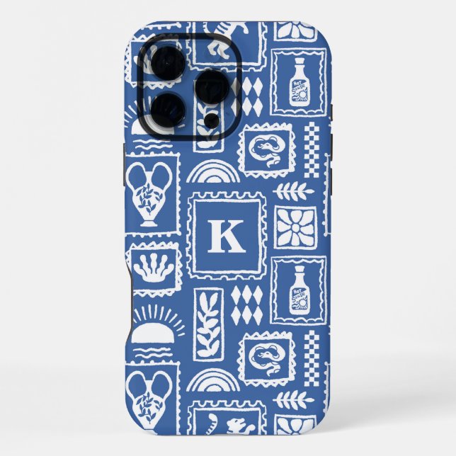 Coque iPhone Monogram Moderne Bleu Blanc Motif Abstrait (Verso)