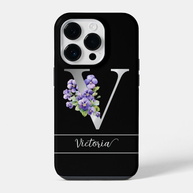 Coque iPhone Monogram V silver custom name blue violets black (Verso)
