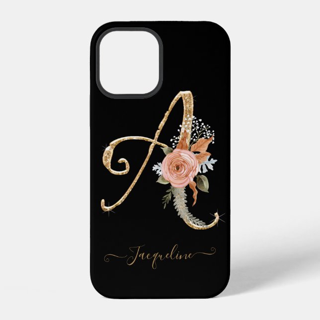 Coque iPhone Monogramme A Black Gold BOHO Pink Floraf (Verso)