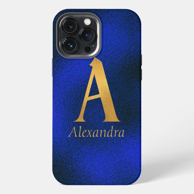 Coque iPhone Monogramme A bleu métallisé et or   (Verso)