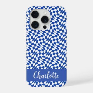 Coque iPhone 15 Pro monogramme à carreaux bleus sur le thème des année
