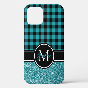 Coque iPhone 12 Monogramme à carreaux Buffalo pailleté noir et sar