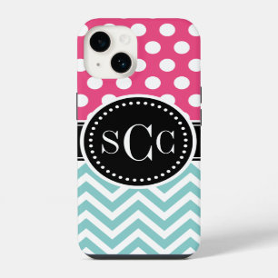 Coque Pour iPhone 14 Monogramme à chevron et pois rose et aqua