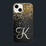 Coque Pour iPhone 14 Monogramme à étincelle noire à Parties scintillant<br><div class="desc">Personnalisez facilement ce design élégant et branché de boîtier de téléphone avec une jolie parties scintillant dorée brillante sur un arrière - plan métallique brossé noir.</div>