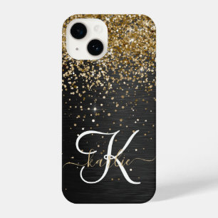 Coque Pour iPhone 14 Monogramme à étincelle noire à Parties scintillant