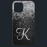 Coque iPhone 12 Pro Max Monogramme à étincelle noire à Parties scintillant<br><div class="desc">Personnalisez facilement ce design élégant et branché de boîtier de téléphone avec une jolie parties scintillant brillante en argent sur un arrière - plan métallique brossé noir.</div>